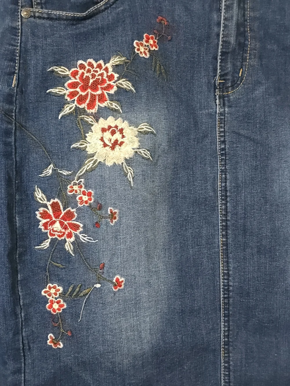 Sandpiper Floral Embroidered Denim Pencil Skirt Size 10 Stretch Western Y2K Boho
